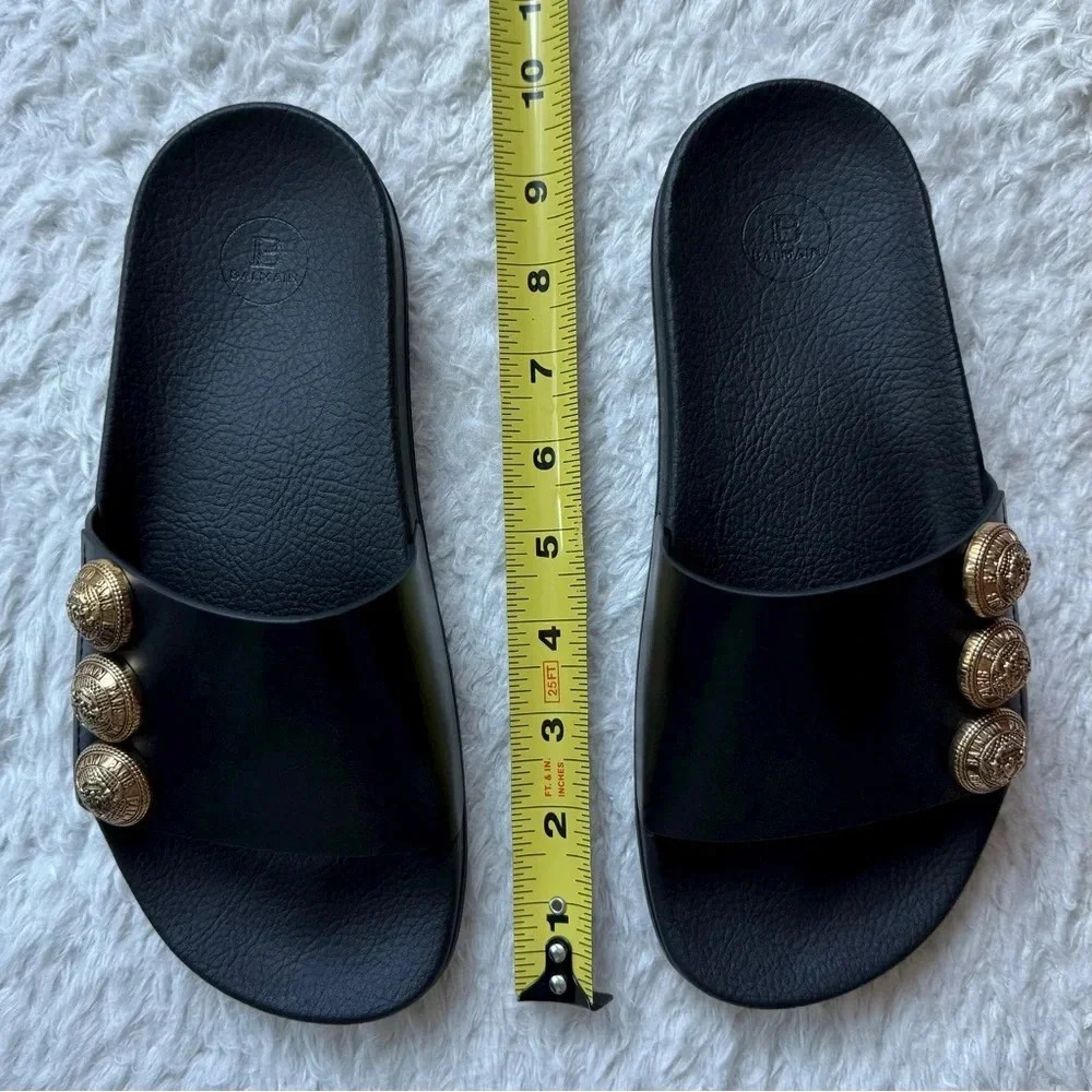 New in Box Balmain Symi Slided Leather Button Shoes Sandals Smooth Black Gold - Picture 14 of 15